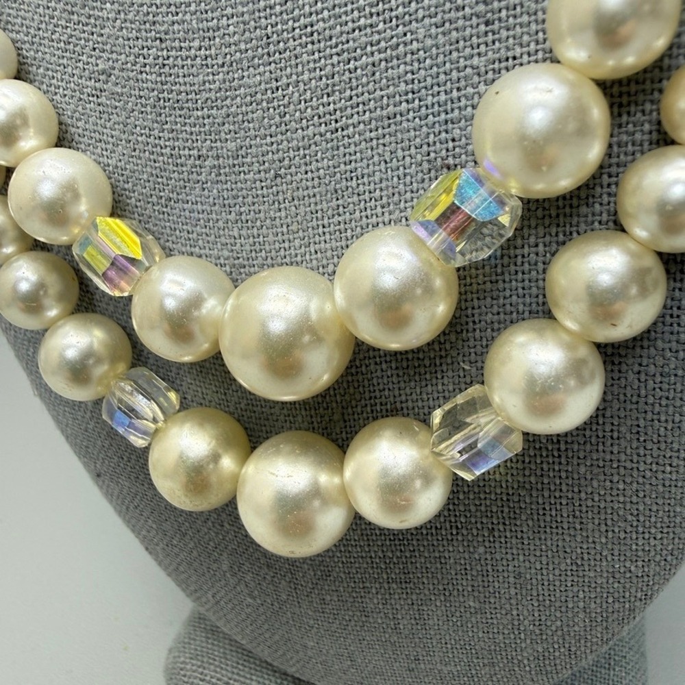 Vintage Faux Pearl AB Crystal Necklace Clip On Earring Lot 18"‎ Double Strand